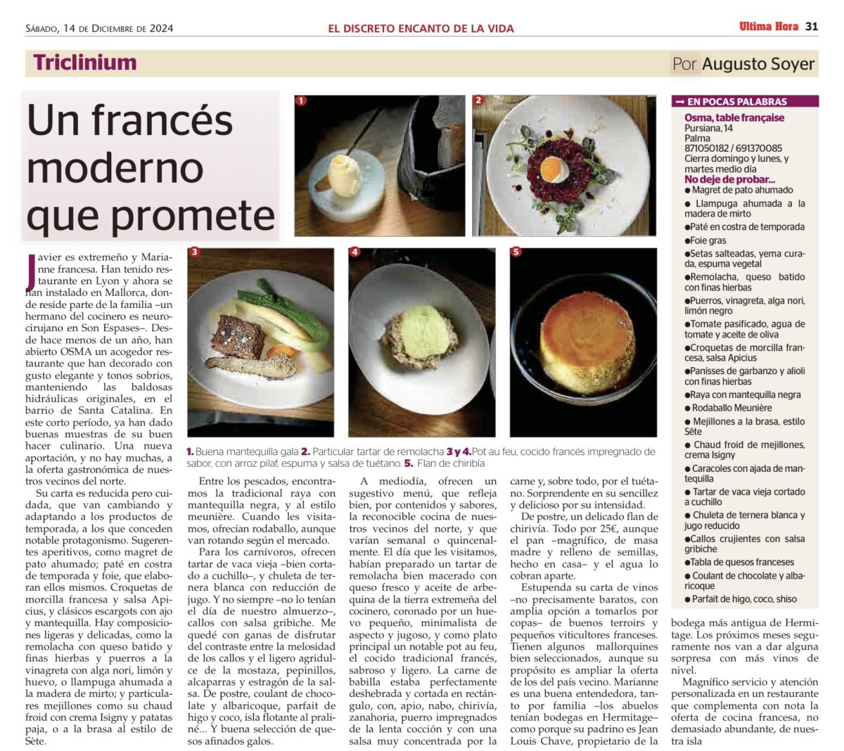 RESTAURANTE OSMA, TABLE FRANÇAISE, PALMA